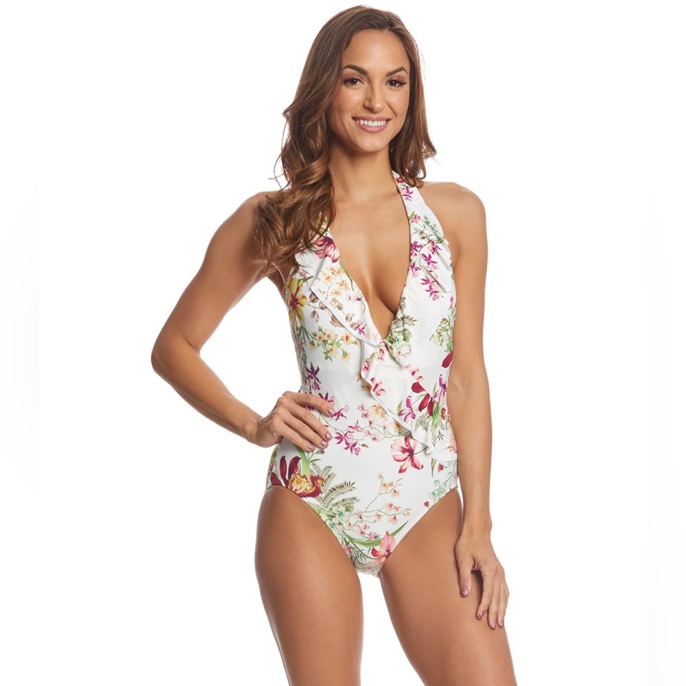 Carmen Marc Valvo Botanical Halter Ruffle One Piece Swimsuit